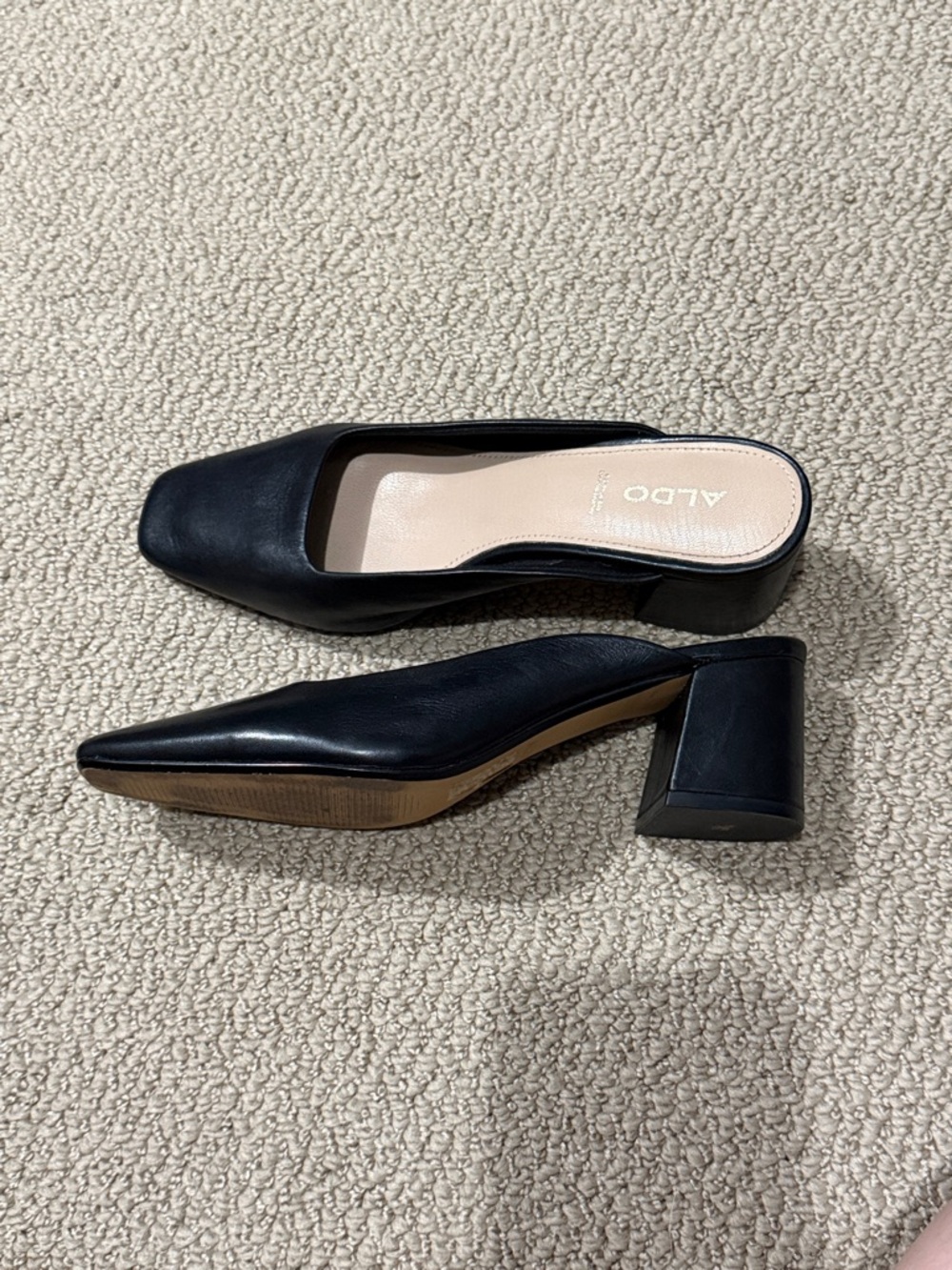 SOLD Aldo Black Leather Square Toe Block Heel Mules